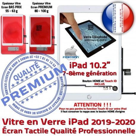 iPad 2019-2020-2021 10.2in Blanc Remplacement Vitre HOME Adhésif Fixation in 10.2 Ecran Bouton Tactile PREMIUM Precollé Verre Qualité