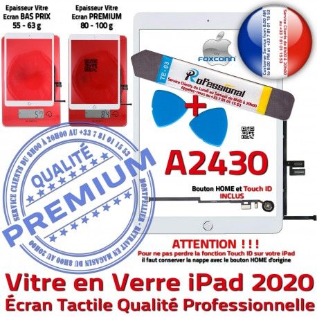 PACK iPad 2020 A2430 B Precollé HOME Tactile PREMIUM Adhésif Réparation Oléophobe Vitre Bouton KIT Blanche Outils Nappe Verre Qualité