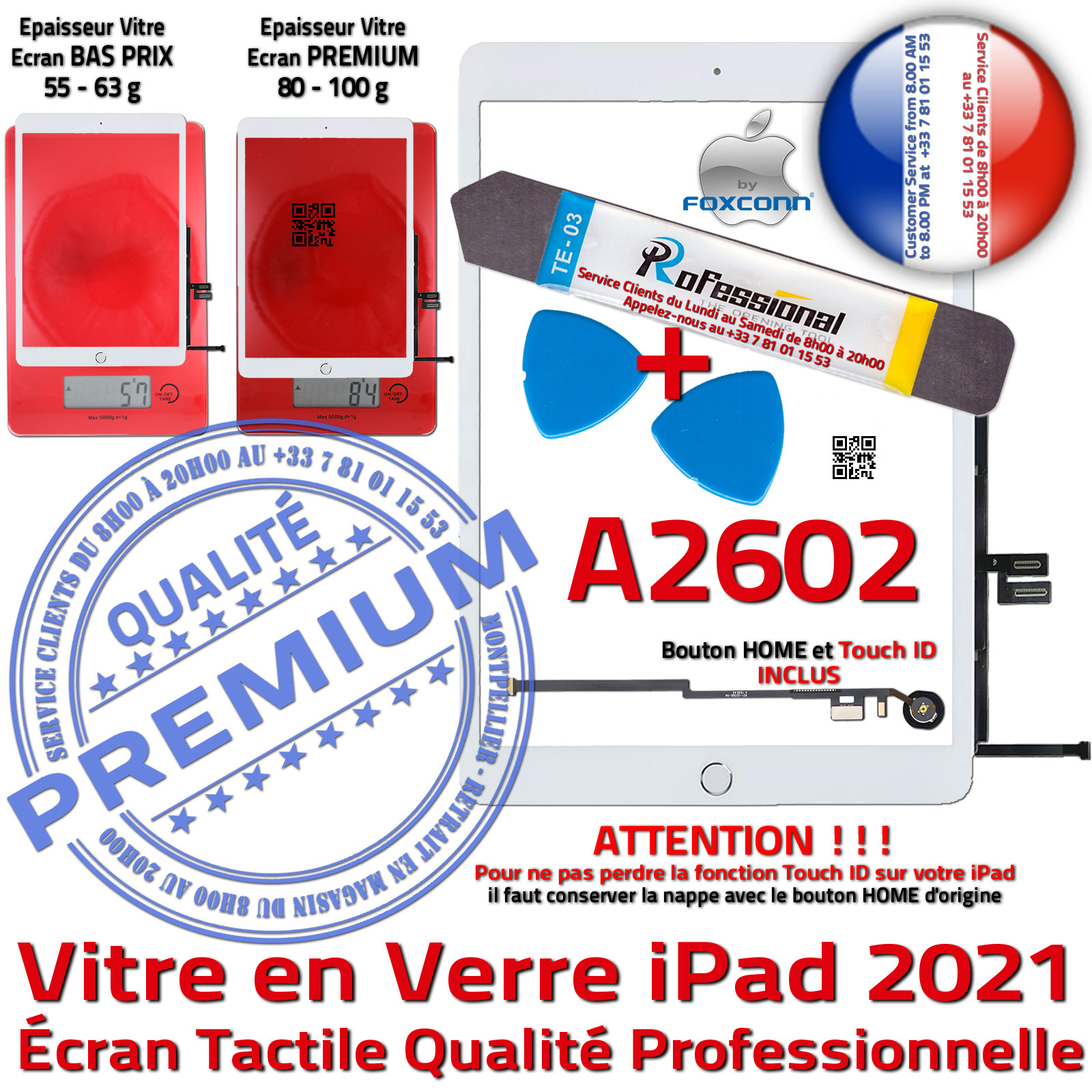 PACK iPad 2021 10.2 in A2602 Remplacement Ecran Tactile Blanc QUALITE Verre  Oléophobe PREMIUM Adhésif Prémonté Bouton HOME Apple