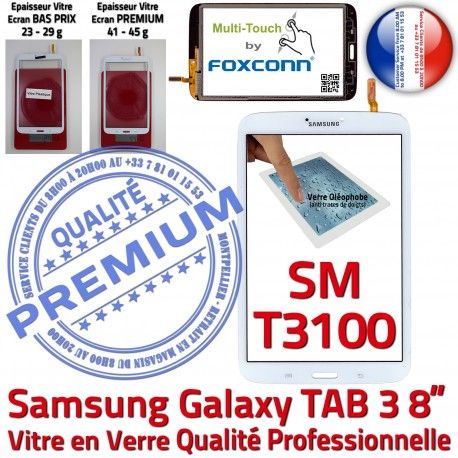 Samsung Galaxy SM-T3100 TAB3 B PREMIUM Blanche Vitre Tactile Prémonté Verre Coller Ecran en Qualité à Supérieure 8 Assemblée inch