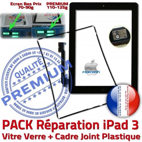 PACK iPad3 Joint N Adhésif Precollé Bouton Tablette Réparation Contour Noire KIT iPad HOME Tactile Chassis PREMIUM Verre Vitre 3 Cadre Apple
