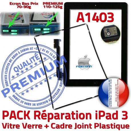 PACK iPad 3 A1403 Joint N Vitre Bouton Tablette Cadre Tactile Adhésif Chassis PREMIUM Apple Precollé HOME iPad3 Verre KIT Noire Réparation
