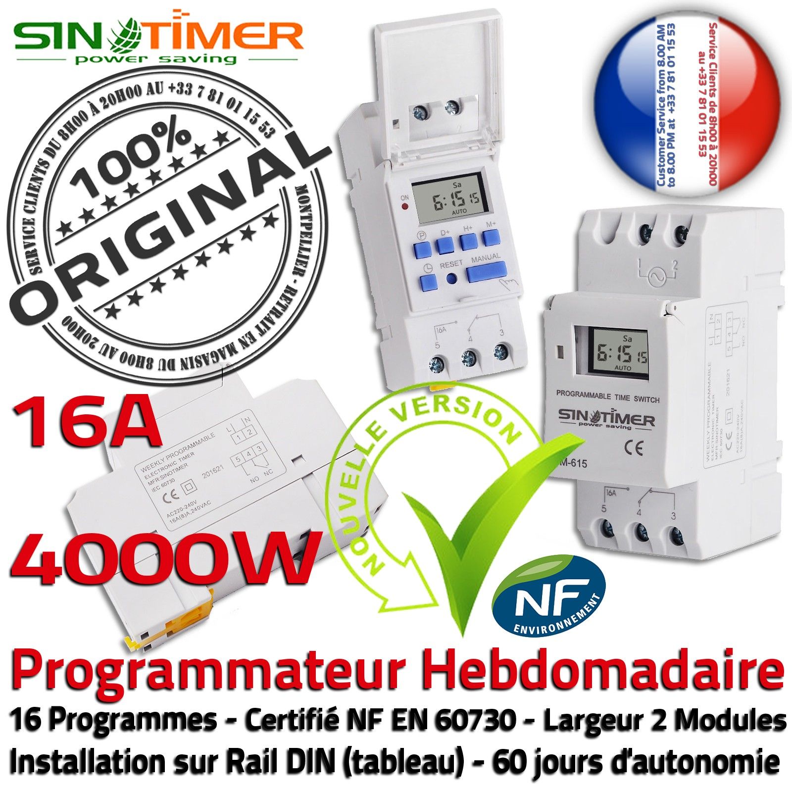 Programmateur Electronique Hebdomadaire Contacteur Jour-Nuit Chauffage  Heures Creuses Rail DIN 16A 4000W Automatique 4kW